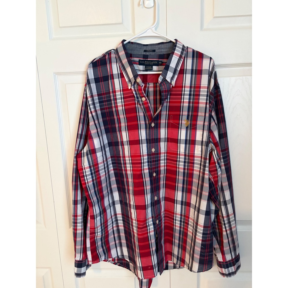 US Polo Assn Mens XXL Red Navy Blue Plaid Stretch Long Sleeve Button Down Shirt